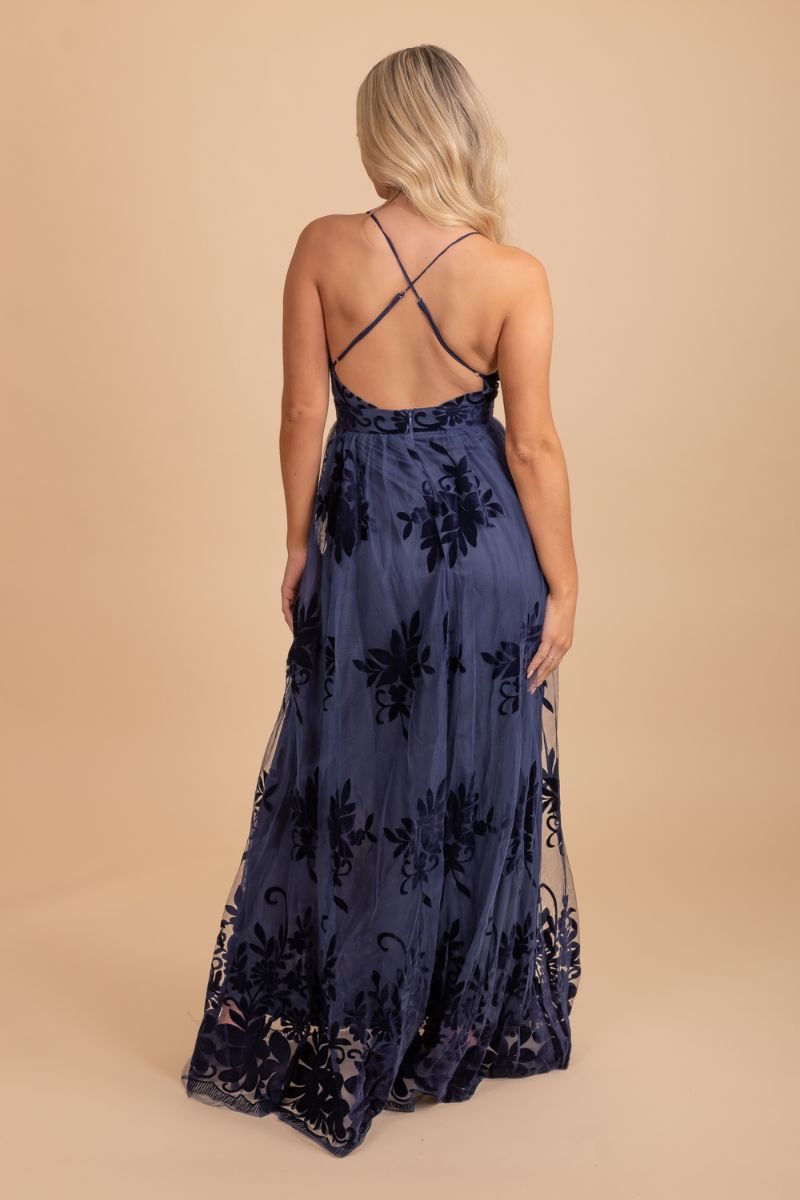 cross back blue lace maxi dress