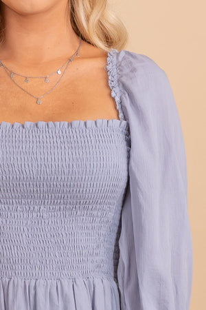 blue square neck long sleeve mini dress