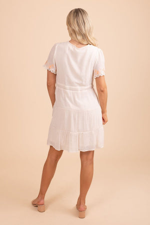 short sleeve tiered white embroidered mini dress