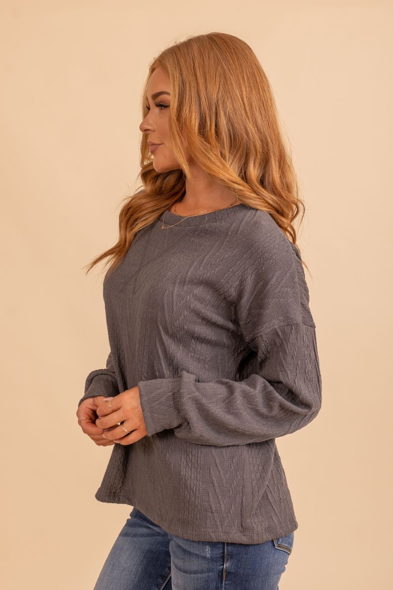 textured gray long sleeve pullover