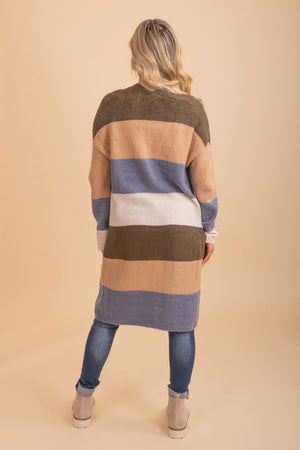 Long sleeve long length blue sweater cardigan