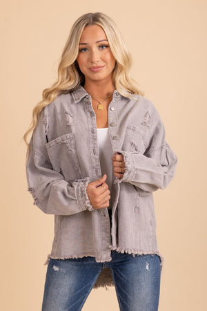 womens violet gray long sleeve distressed jacket