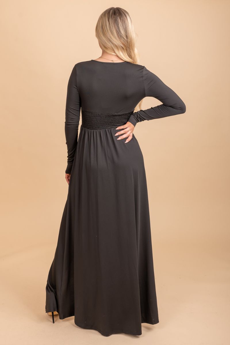 black cinched waste long sleeve maxi dress