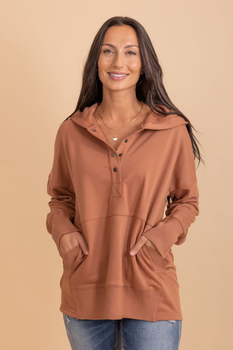 long sleeve brown button up hoodie