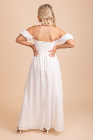 off the shoulder white lace maxi dress