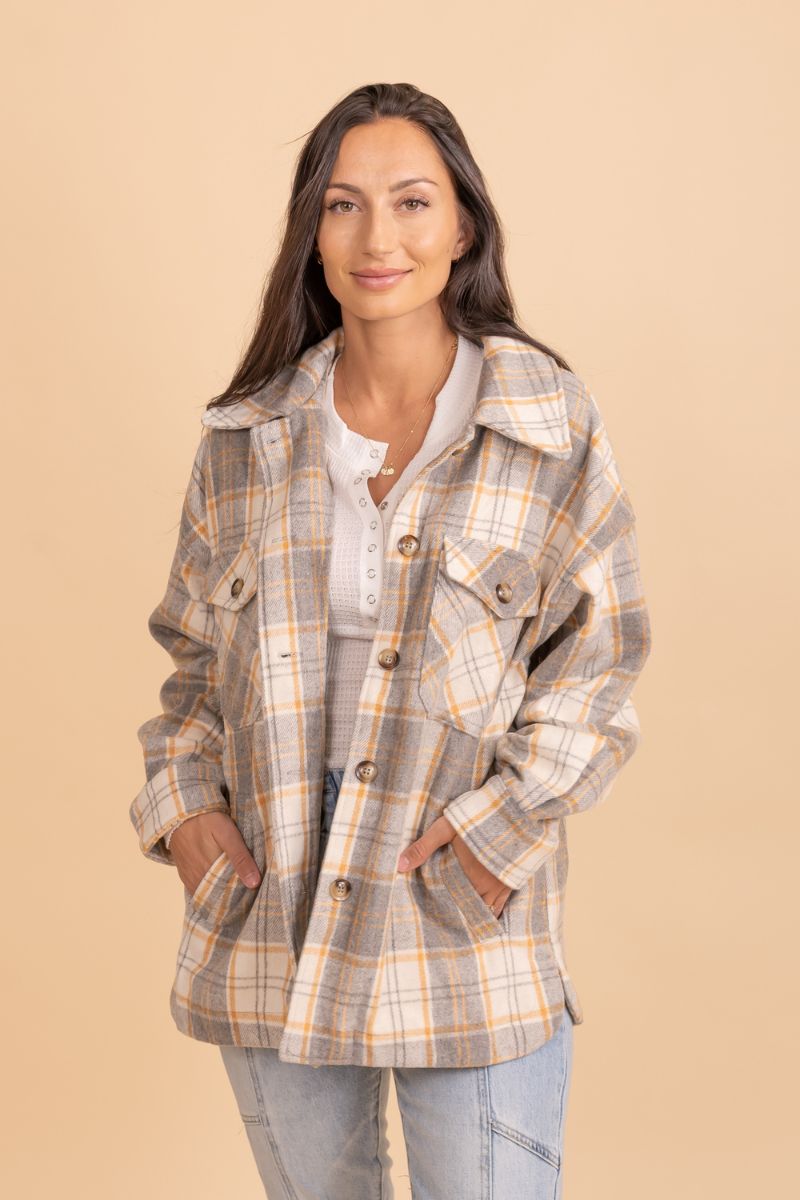 gray plaid button up jacket