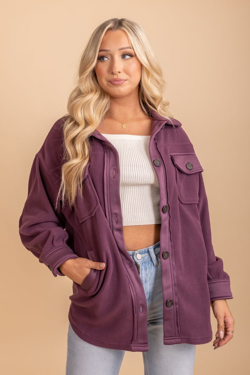 long sleeve purple button up shacket