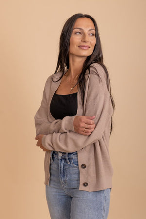 long sleeve partly buttoned light brown cardigan