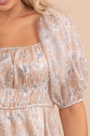 floral light brown cinched detail mini dress