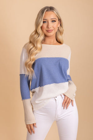 off white color block blue waffle knit top