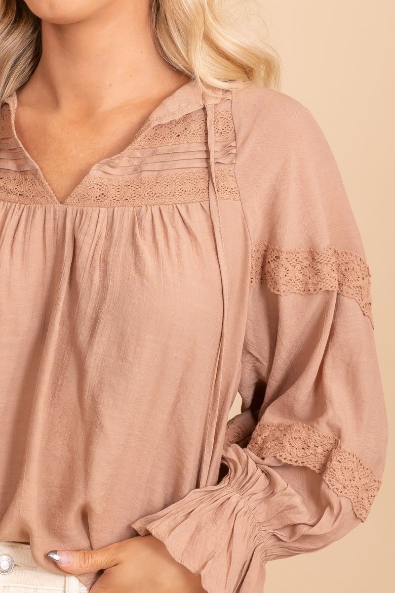 cinched sleeve lace detail light brown top