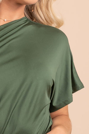 one shoulder wrap dark green midi dress
