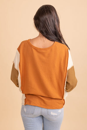 orange color block sleeve high quality top 