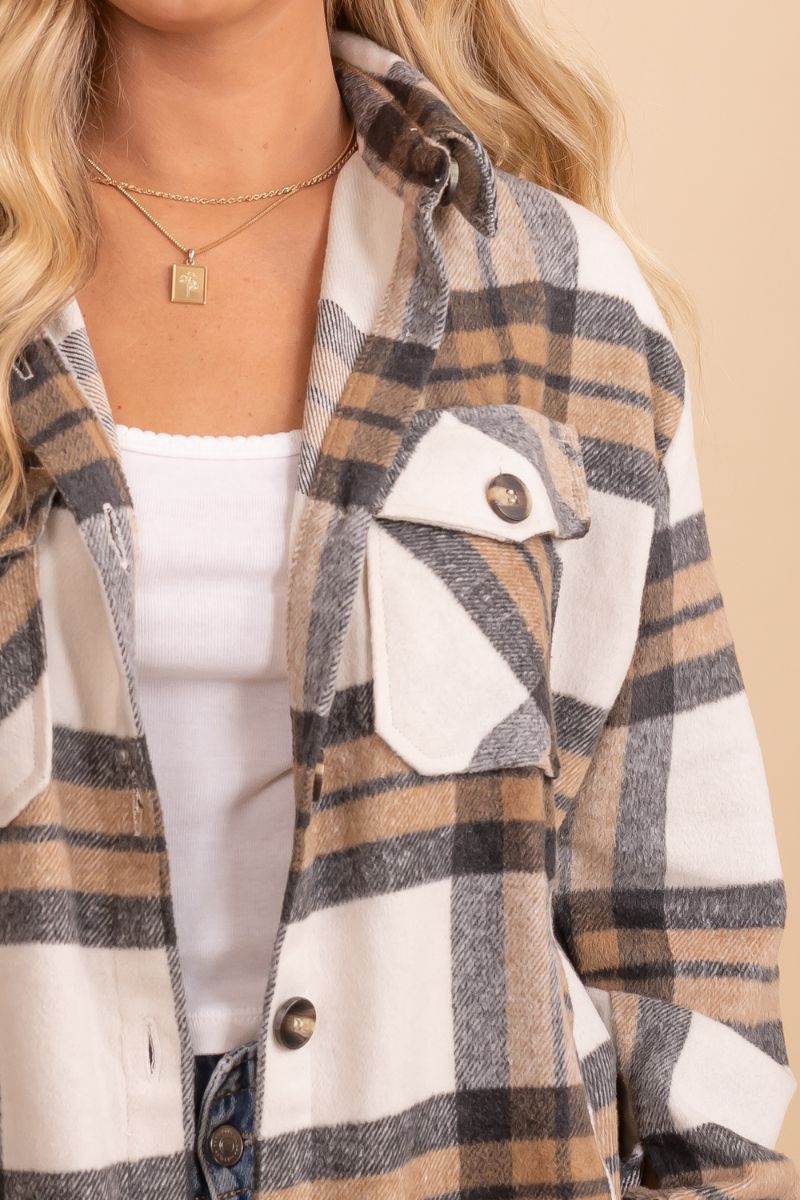Womens fall plaid brown and white flannel jacket
