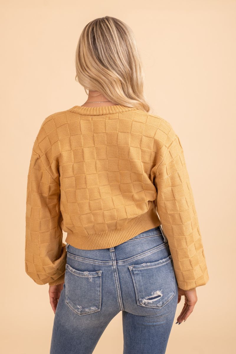 yellow checkered detail cropped sweater