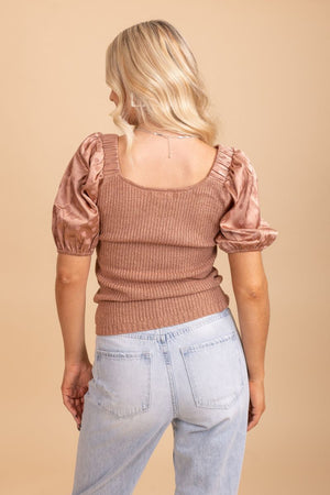 ribbed puff sleeve fitted top