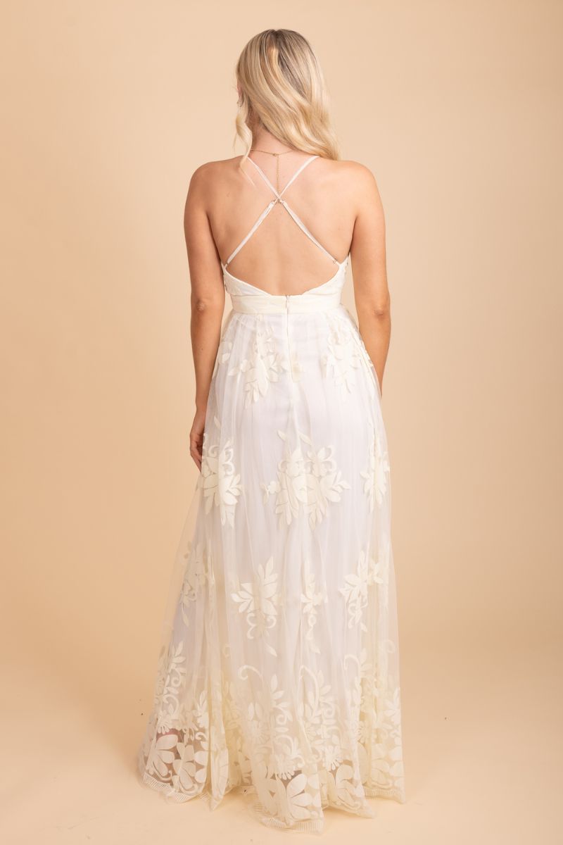 cross back white lace maxi dress