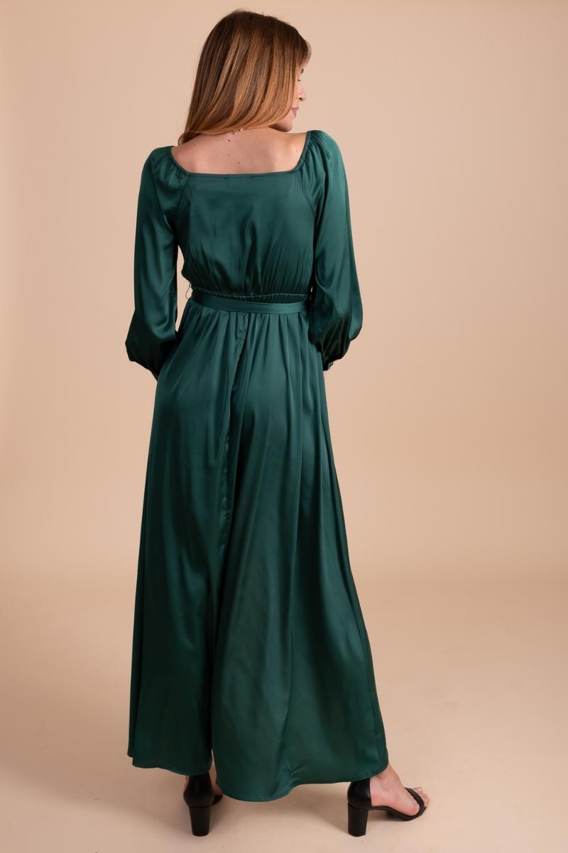 boutique women's dark green shimmery midi wrap dress