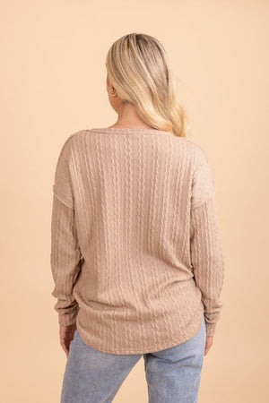 brown cable knit long sleeve sweater