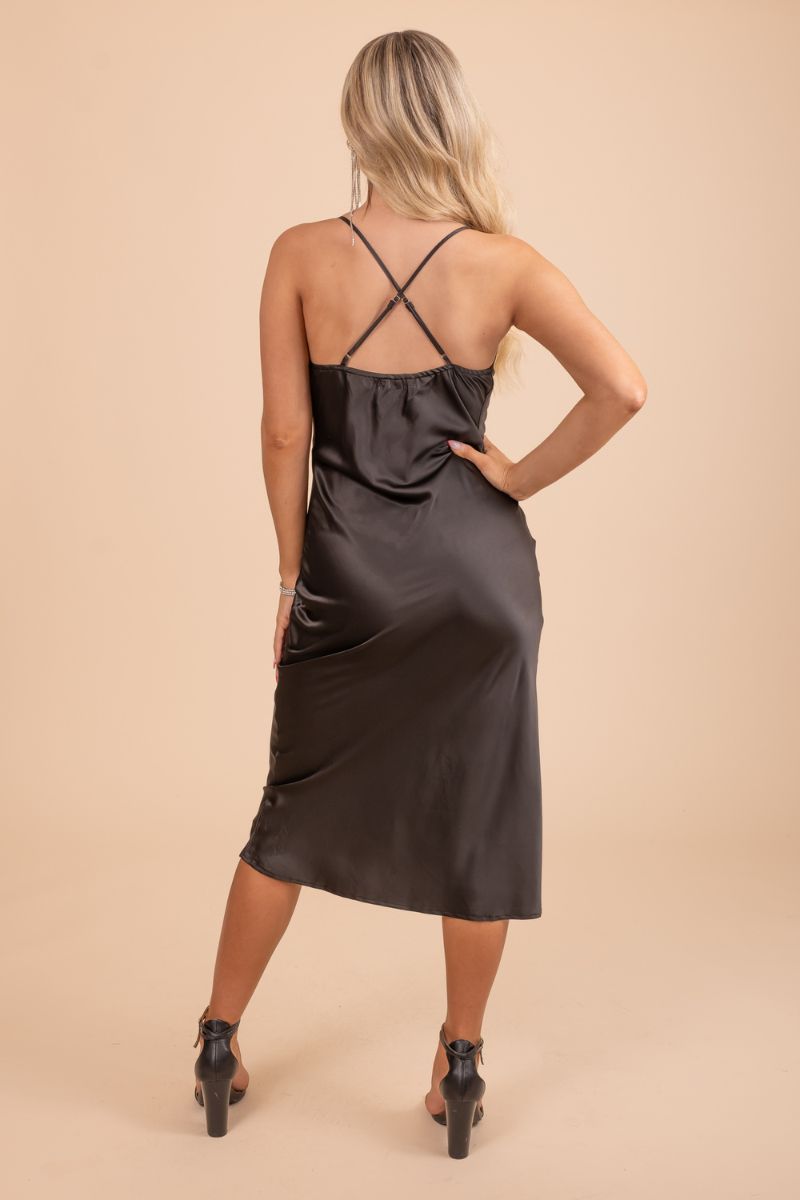 cross back black silky midi dress