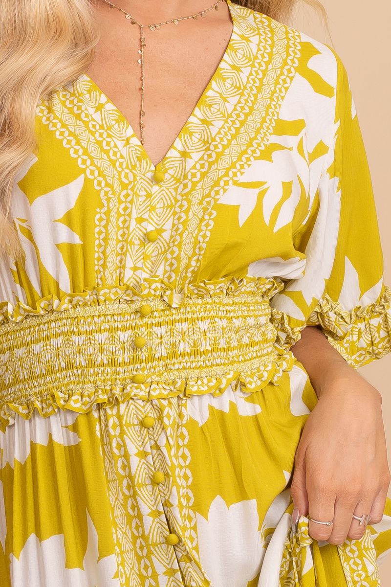 yellow cinched waste patterned maxi dress