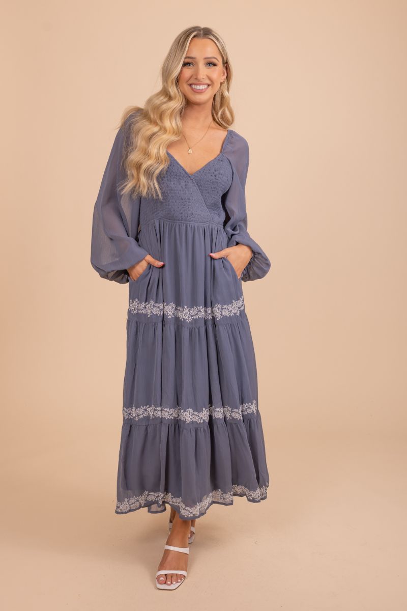 blue tiered flowy long sleeve maxi dress