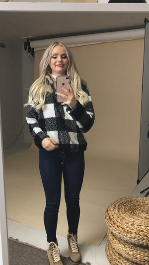 Try-On Video of the November Woods Plaid Sherpa Pullover from Bella Ella Boutique