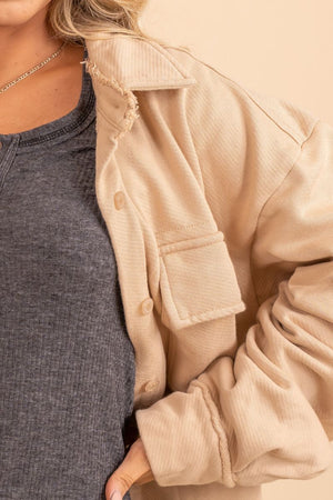 womans tan button up high quality comfortable jacket