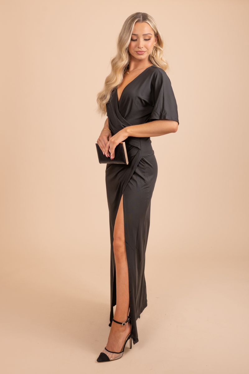 wrap style black front slit maxi dress