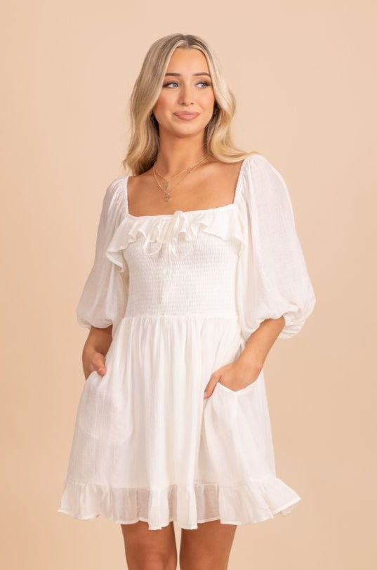 white smocked top flowy mini dress