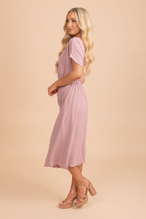casual short sleeve pink midi dress