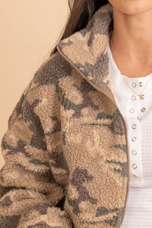 brown and green camo sherpa jacket