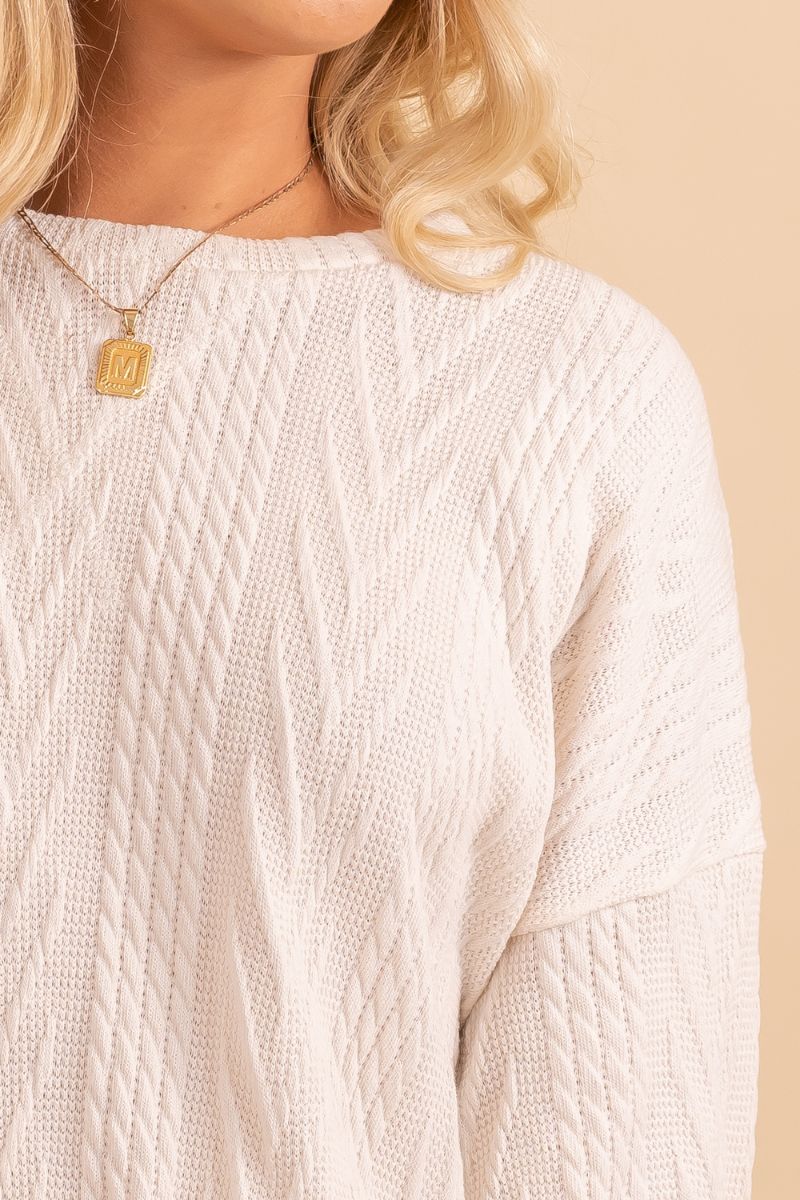 textured white long sleeve pullover