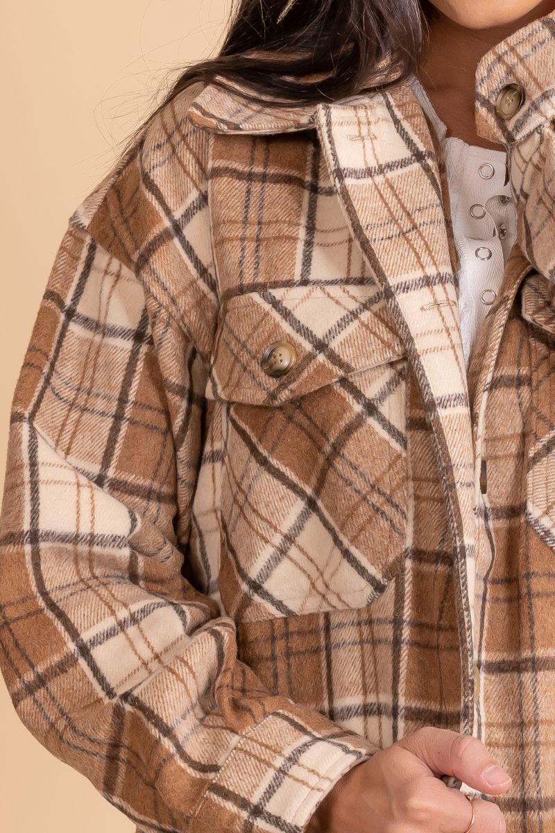 neutral brown long sleeve button up plaid jacket