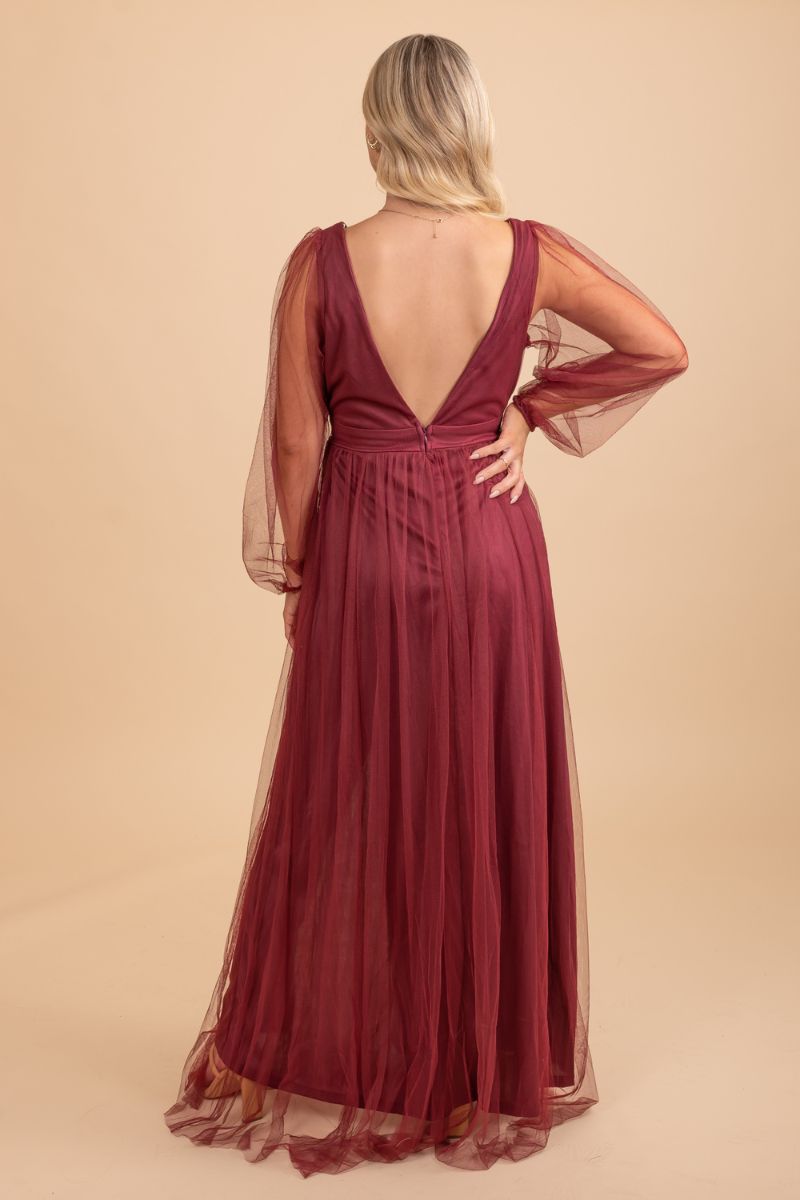 red open back long sleeve maxi dress