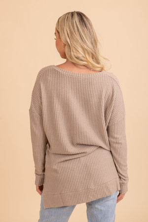 womans brown long sleeve v neck sweater