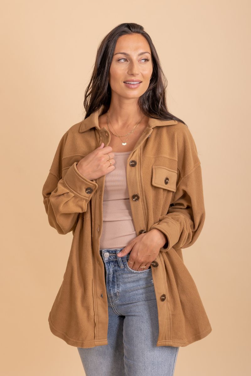 brown long sleeve button up jacket