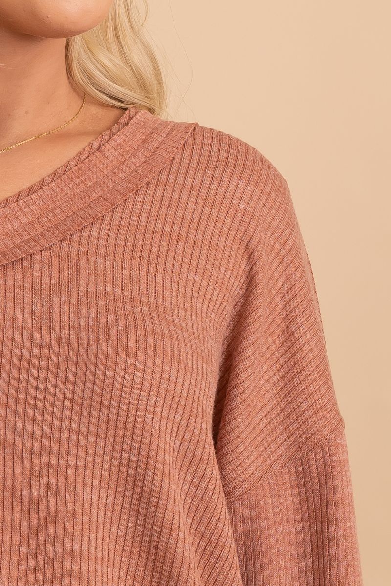 v neck ribbed red long sleeve top