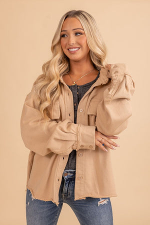 tan button up collared cozy jacket