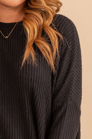 womans black long sleeve waffle knit oversized sweater