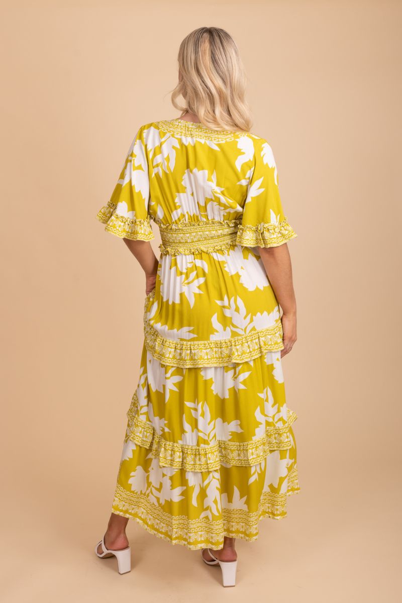 yellow tiered flower maxi dress