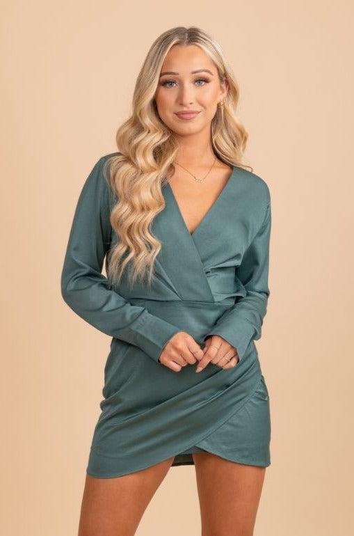 green long sleeve silky mini dress