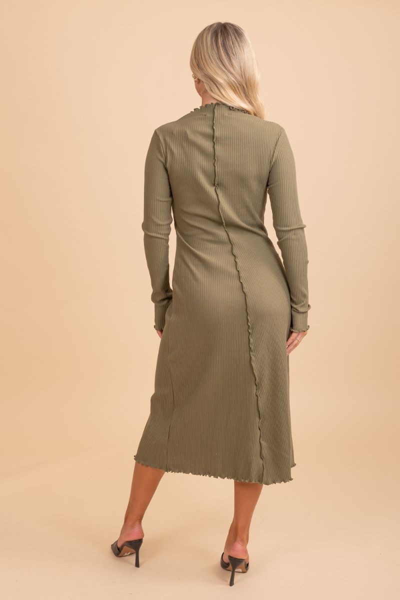 mock neck long sleeve fitted midi dress