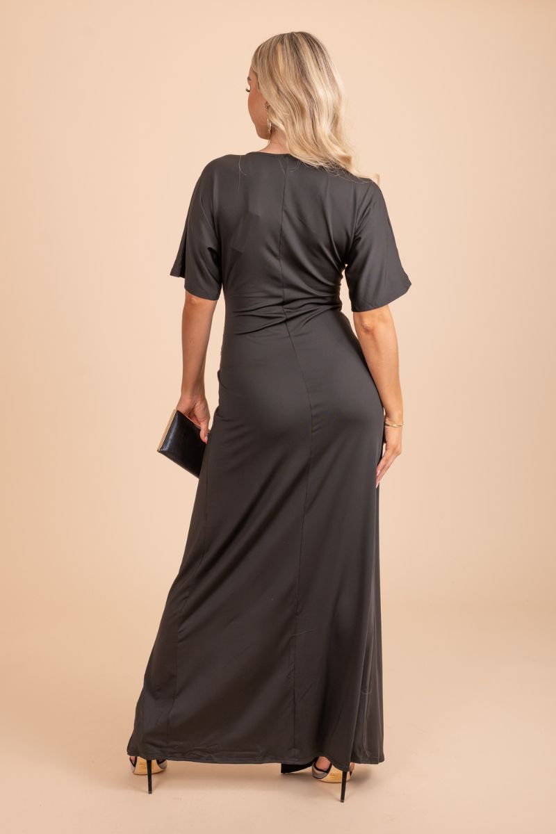 short sleeve high quality black wrap maxi dress