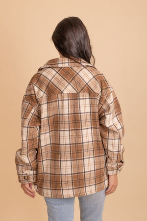 brown and white plaid button up jacket