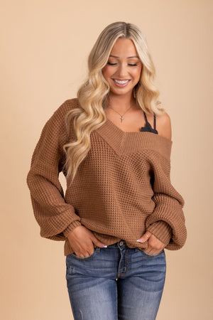 brown long sleeve oversized v neck sweater