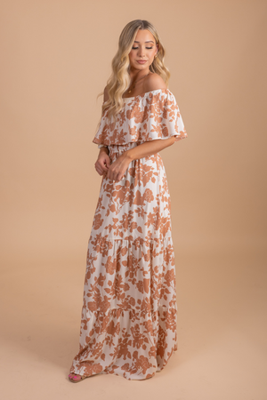 White and coral floral maxi dress for women