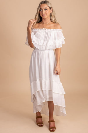 Women's white midi dress with ruffles