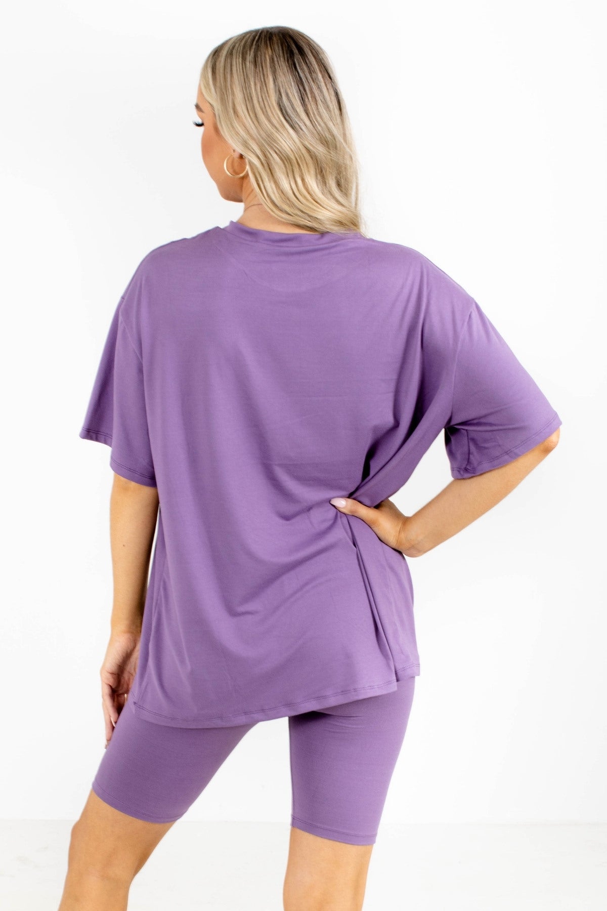 Activewear Set with Oversized Tee and Biker Shorts in Purple for Women