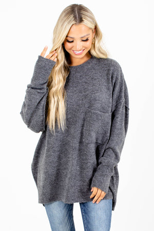 Charcoal Gray Front Pocket Boutqiue Sweaters for Women